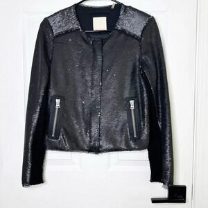 REBECCA TAYLOR Size 4 Black Sequin Moto‎ Jacket Grunge